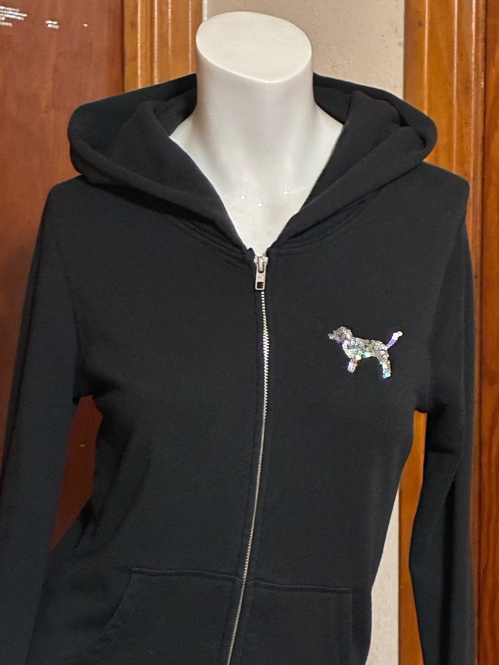 VS Pink Black w/ Iridescent Sequin “Pink” Zip Up Hoodie - Picture 4 of 5